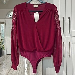NWT Women’s Burgundy Bodysuit with Embellished Sleeves